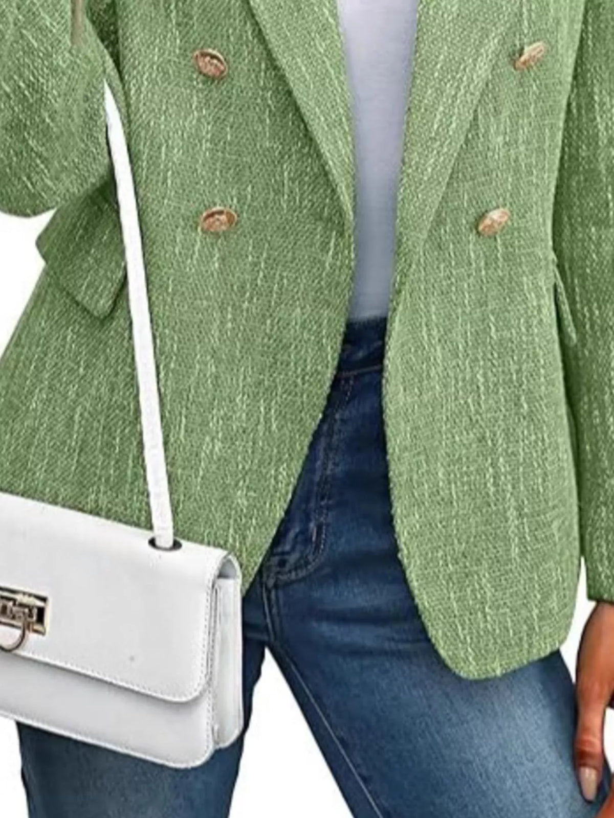 Double-Breasted Lapel Collar Blazer - Green - View 5