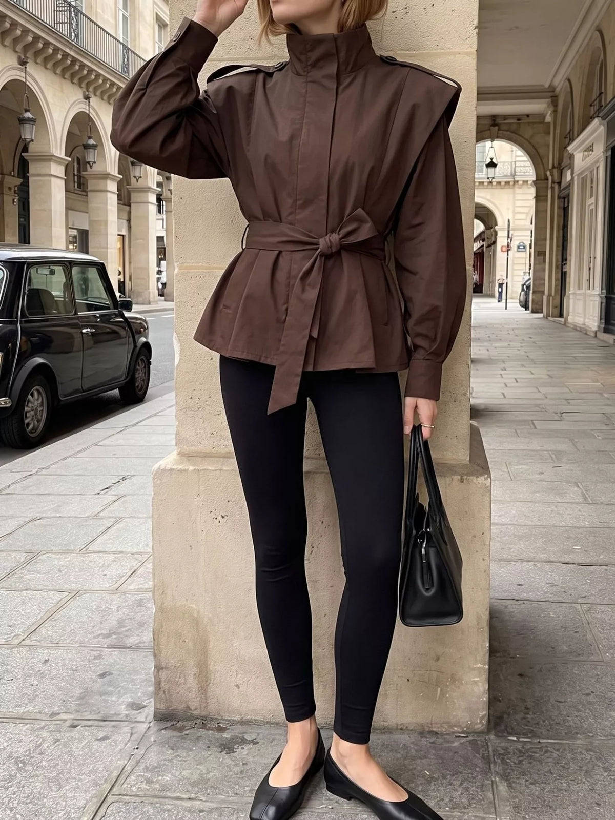 Stand-Collar Belted Outerwear - Brown - View 4