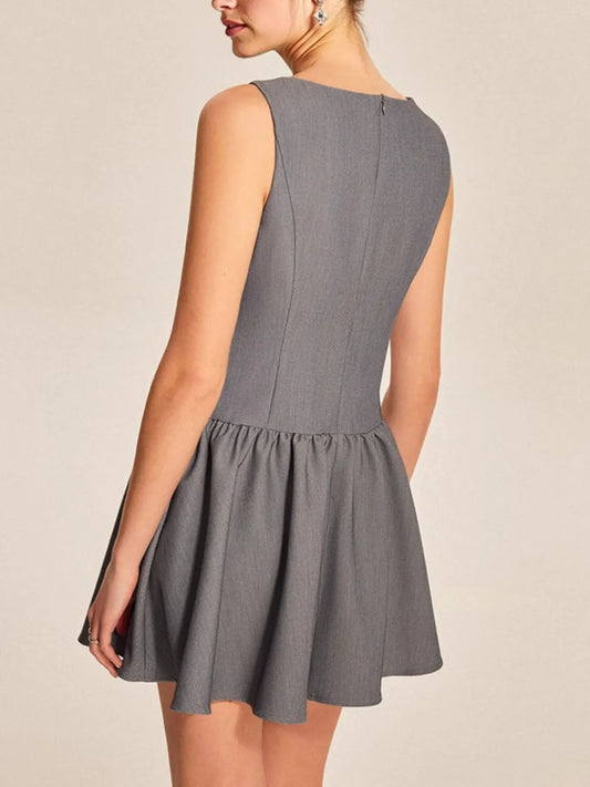 Round Neck Sleeveless Ruffled Mini Dress - Gray - View 2
