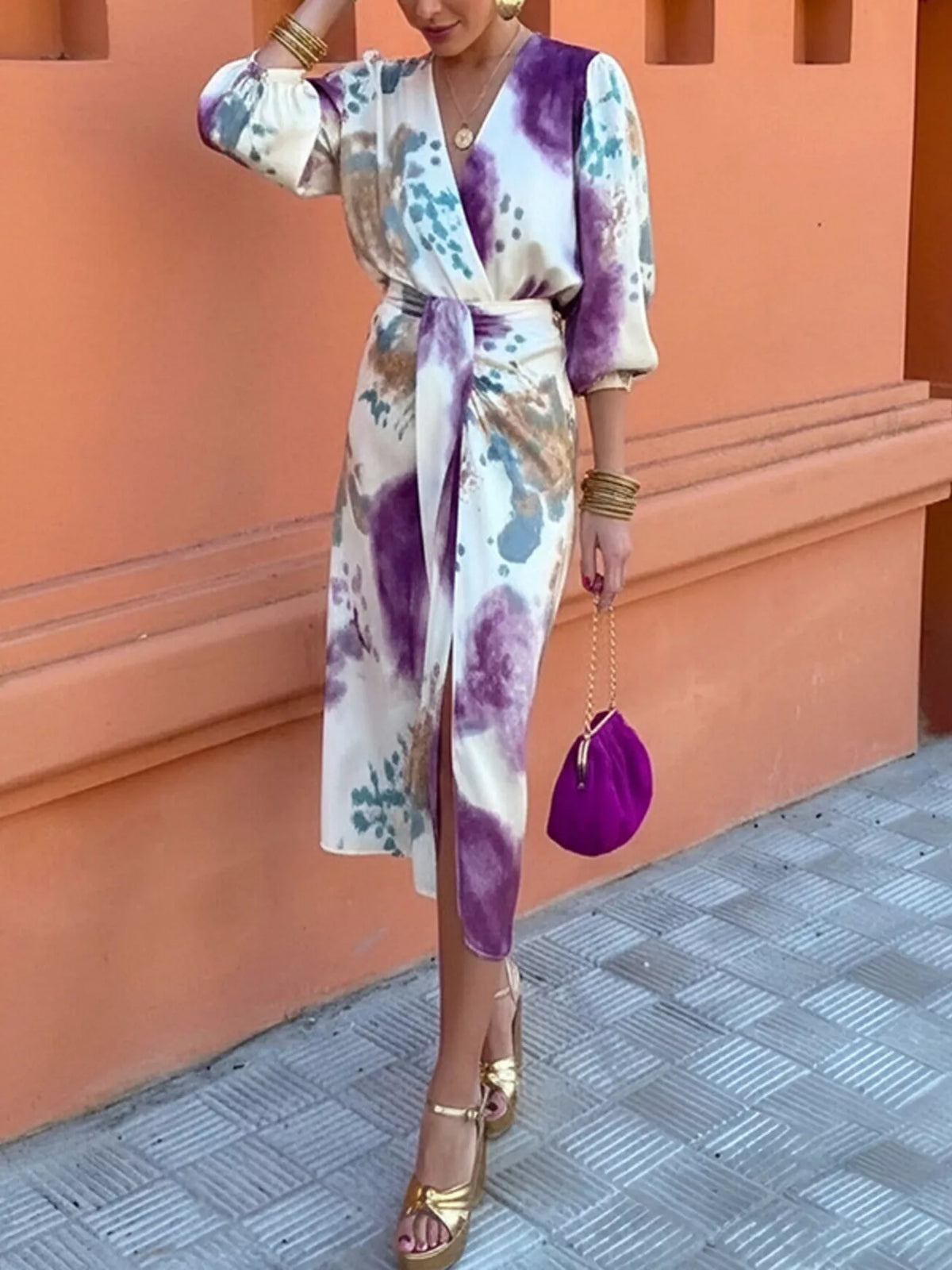 Full Size Slit Tie-Waist Abstract Print Midi Dress Plus Size - Purple - View 3