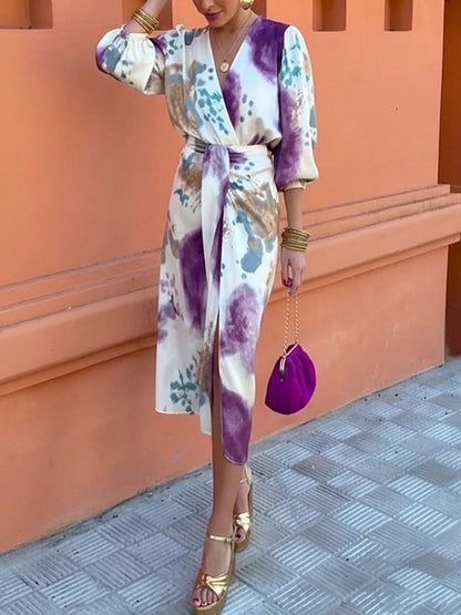 Full Size Slit Tie-Waist Abstract Print Midi Dress Plus Size - Purple - View 3