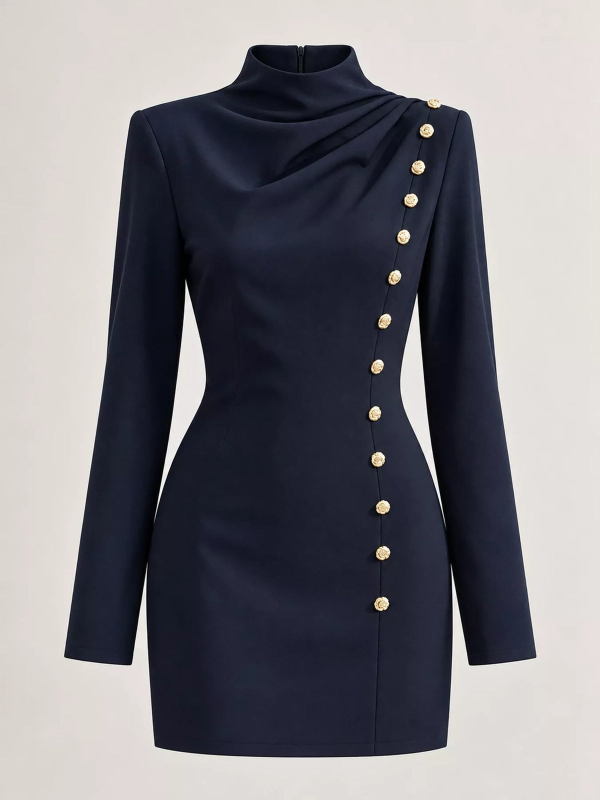 Full Size Decorative Button Mock Neck Mini Dress Plus Size - Navy - View 16