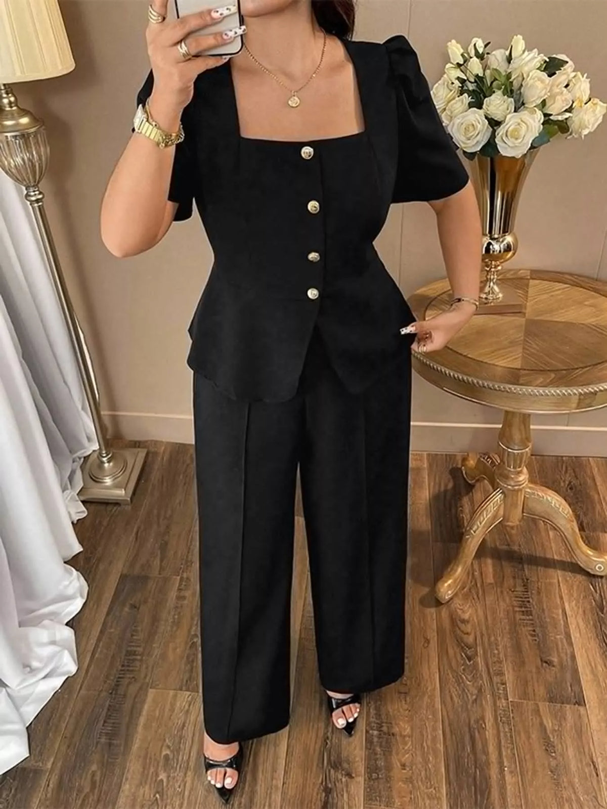 Plus Size Peplum Top and Wide-Leg Pants Two-Piece Set - Black - View 1