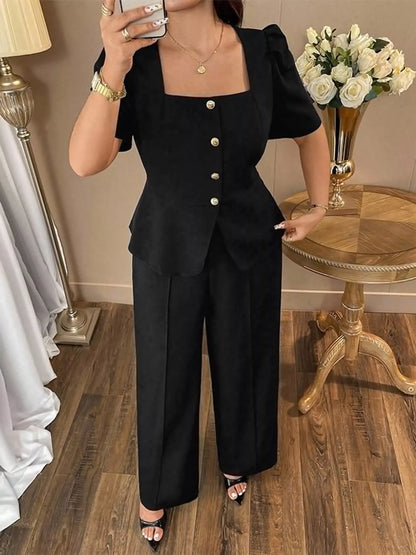 Plus Size Peplum Top and Wide-Leg Pants Two-Piece Set - Black - View 1