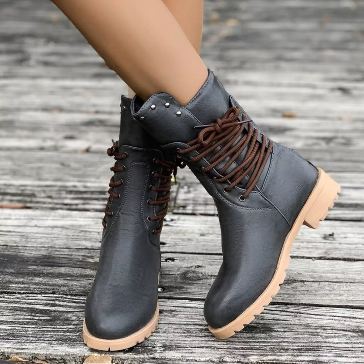 Lace Up Block Heels Boots - Dark Gray - View 6