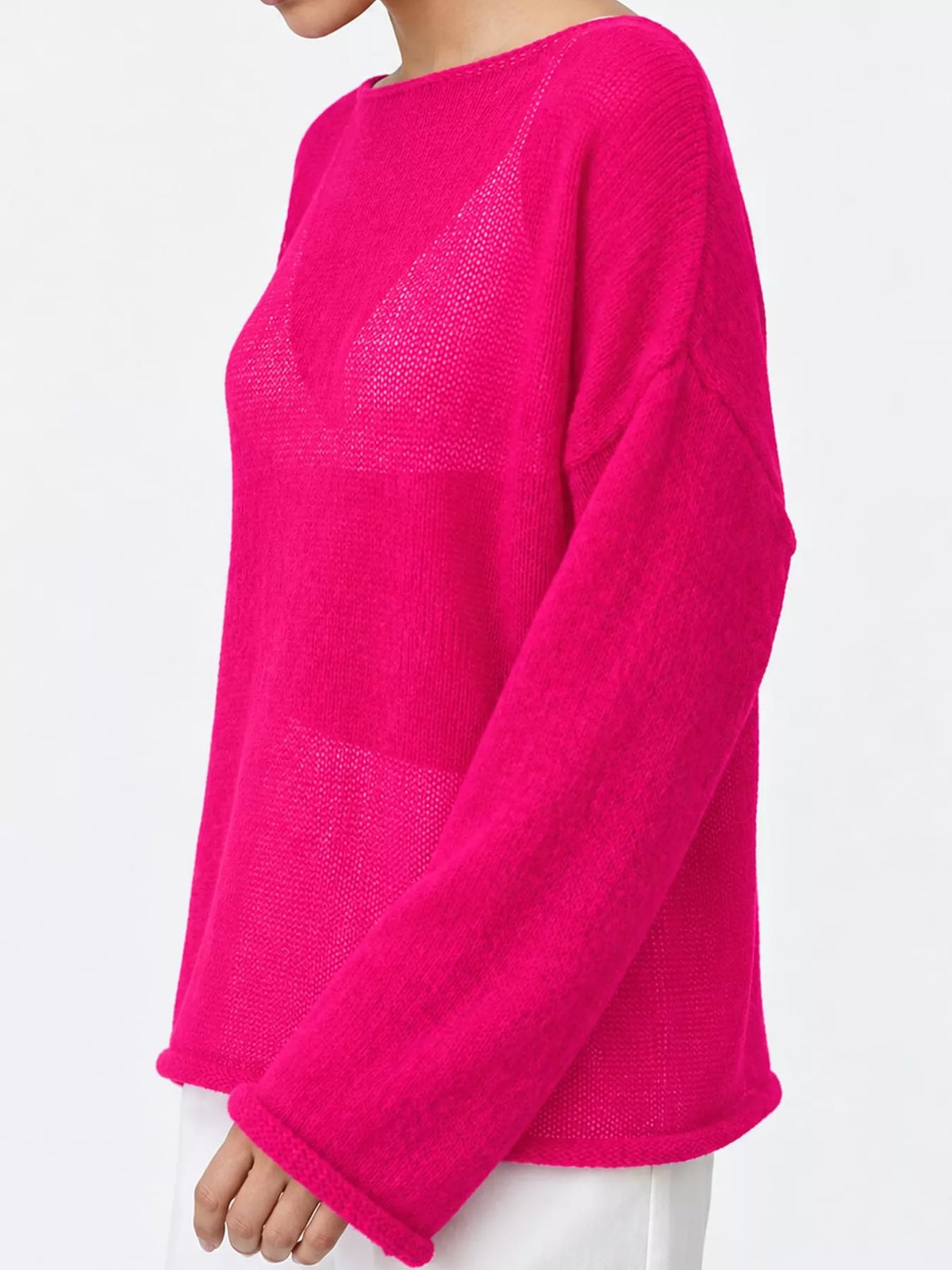 Lightweight Dropped Shoulder Knit Cover Up - Hot Pink - View 22