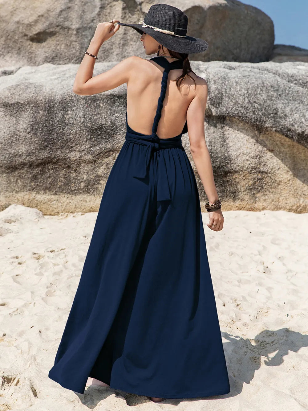 Surplice Wide Leg Jumpsuit with Free Tie - Dark Blue - View 4