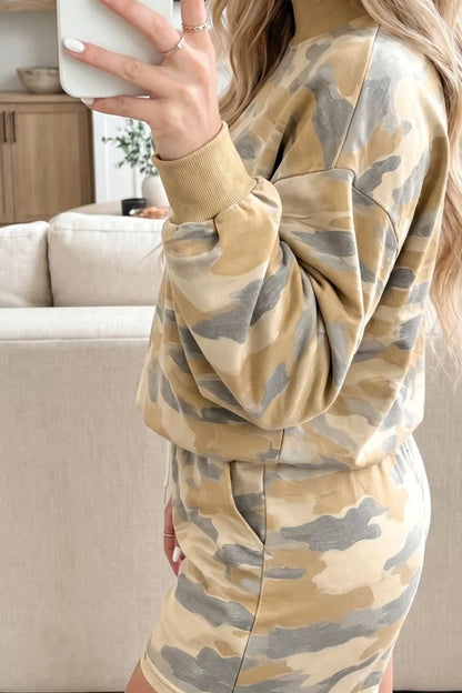 Camouflage Print Long Sleeve Top Drawstring Shorts Set - Green Camouflage - View 2