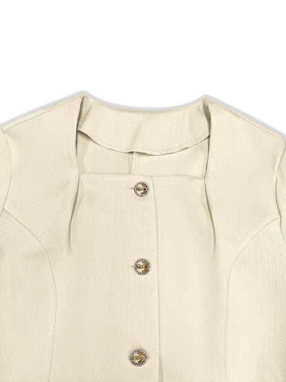 Square Neck Button-Down Fitted Blazer - Cream - View 7