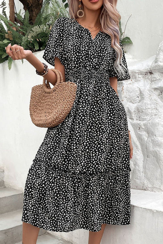 Perfee Leopard Print Short Sleeve Midi Dress - Black - View 1