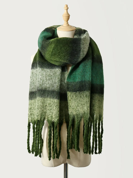 Fringe Color Block Polyester Scarf - Dark Green - View 2