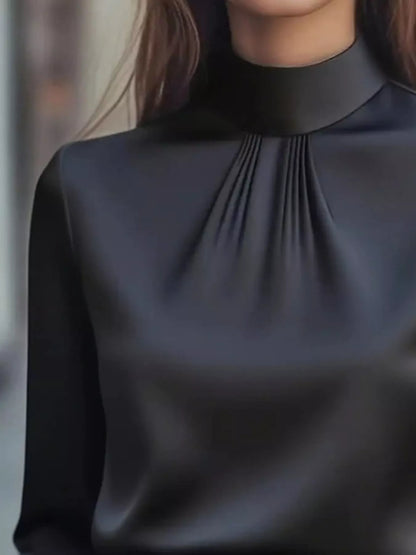 Mock Neck Long Sleeve Blouse with Pleated Detail - Black - View 2