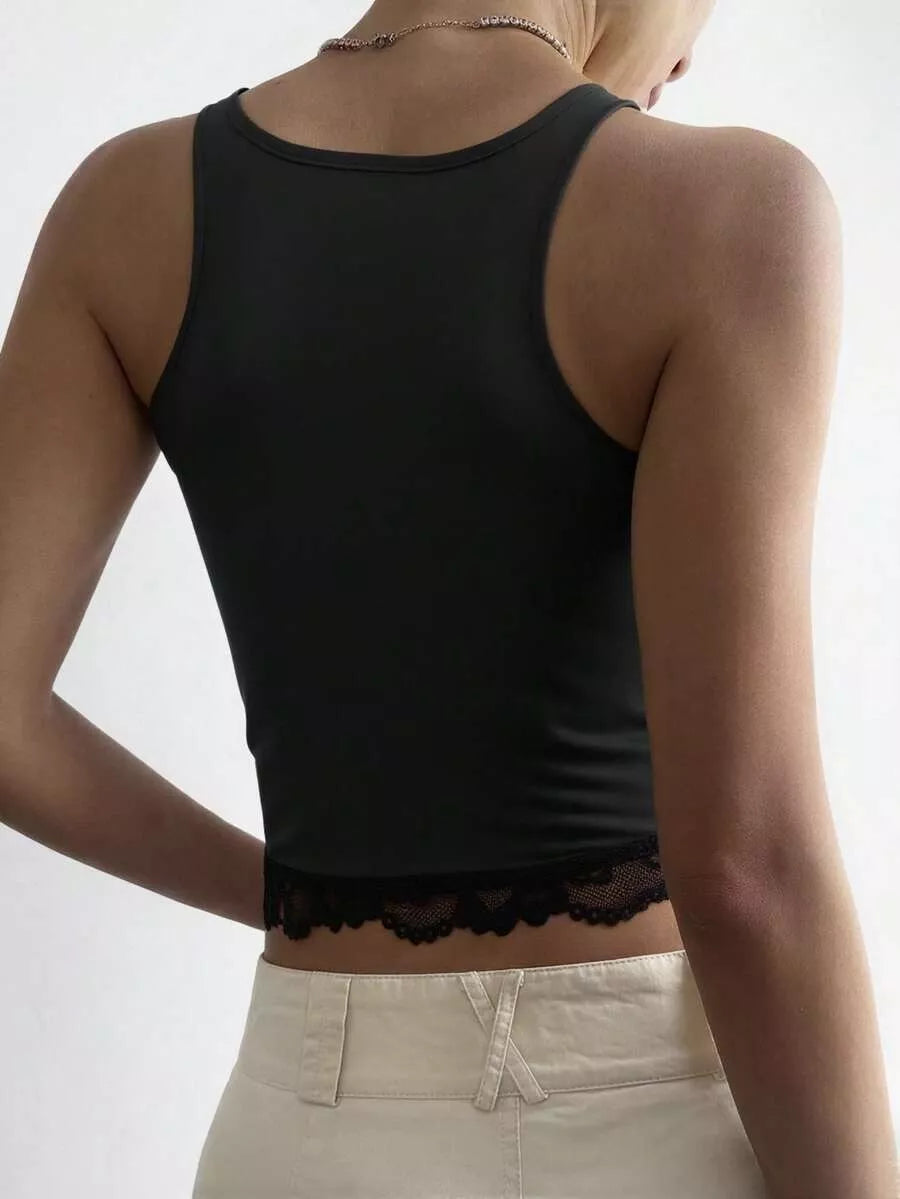Lace Detail Wide Strap Tank - Black - View 2