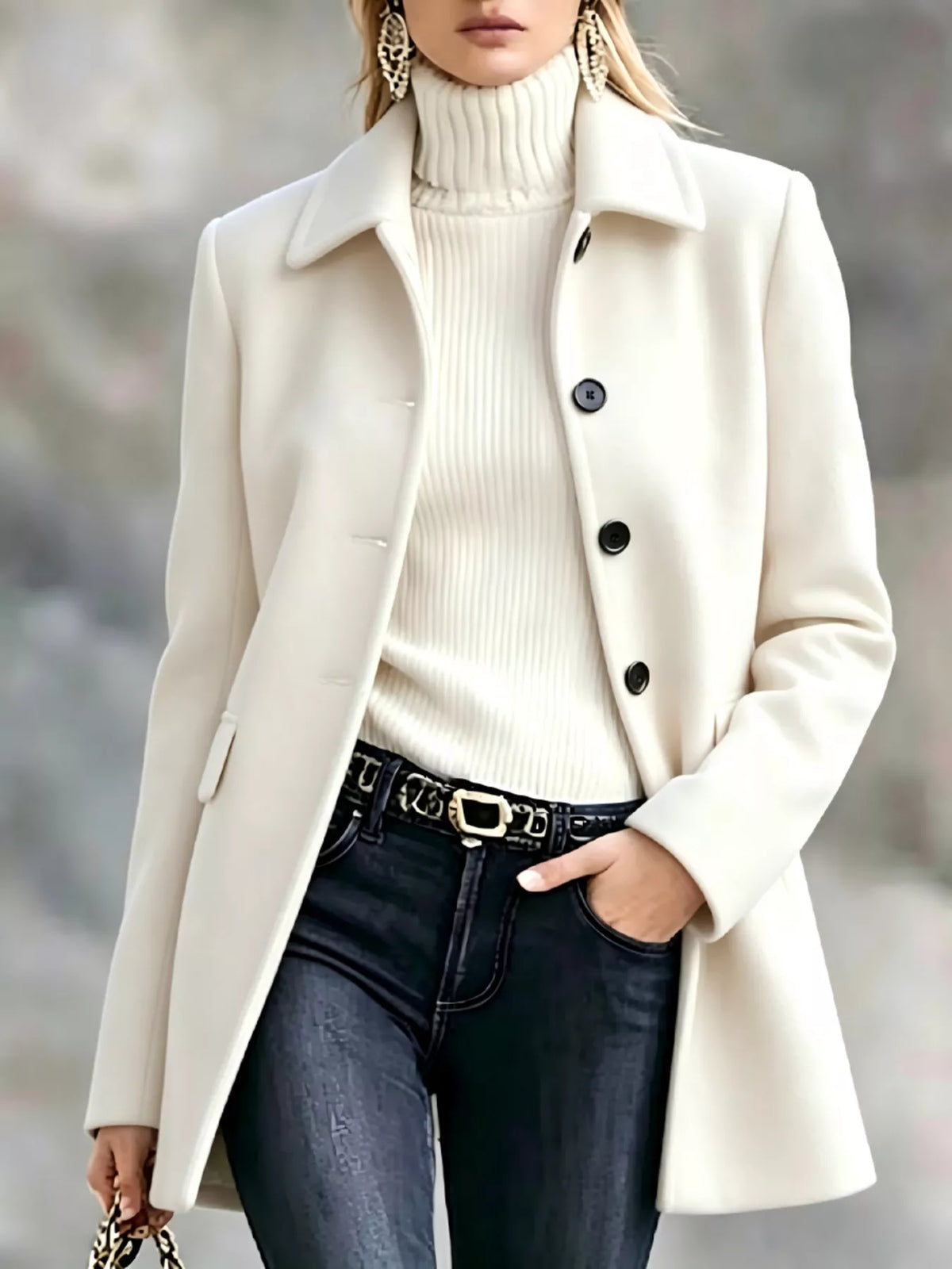 Button Up Collared Neck Coat - White - View 8