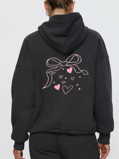 Bow and Heart Dropped Shoulder Hoodie and Pants Set - Black - View 3