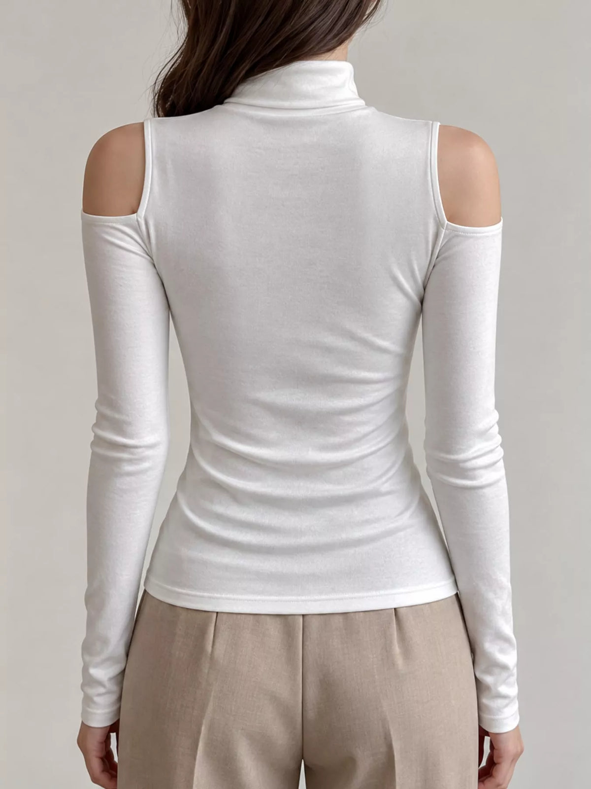 Mock Neck Cold-Shoulder Slim-Fit T-Shirt - White - View 3