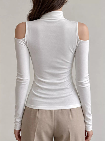 Mock Neck Cold-Shoulder Slim-Fit T-Shirt - White - View 3