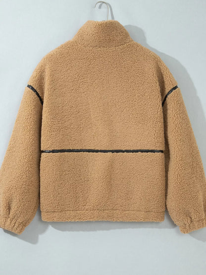 Drop Shoulder Collar Long Sleeve Fleece Regular Fit Jacket - Camel - View 3
