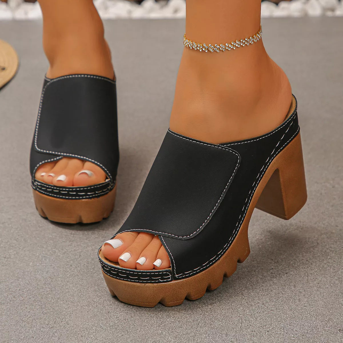 Open Toe Block Heels Sandals - Black - View 10