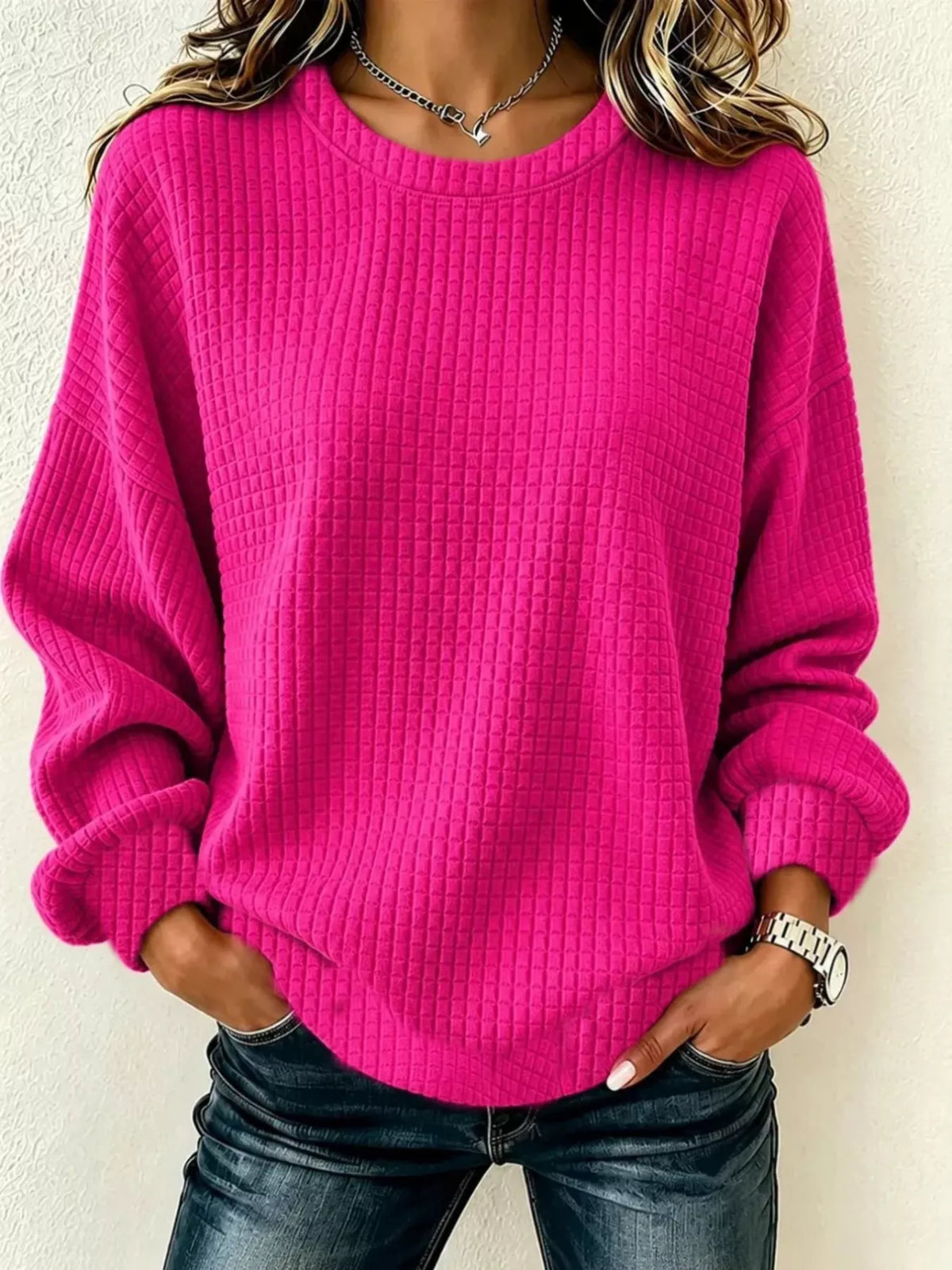 Full Size Waffle Knit Long Sleeve Crew Neck Sweatshirt Plus Size - Rose Red - View 1