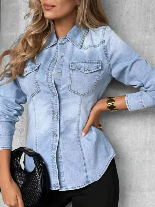 Snap Down Slim-Fit Denim Shirt - Light Blue - View 2