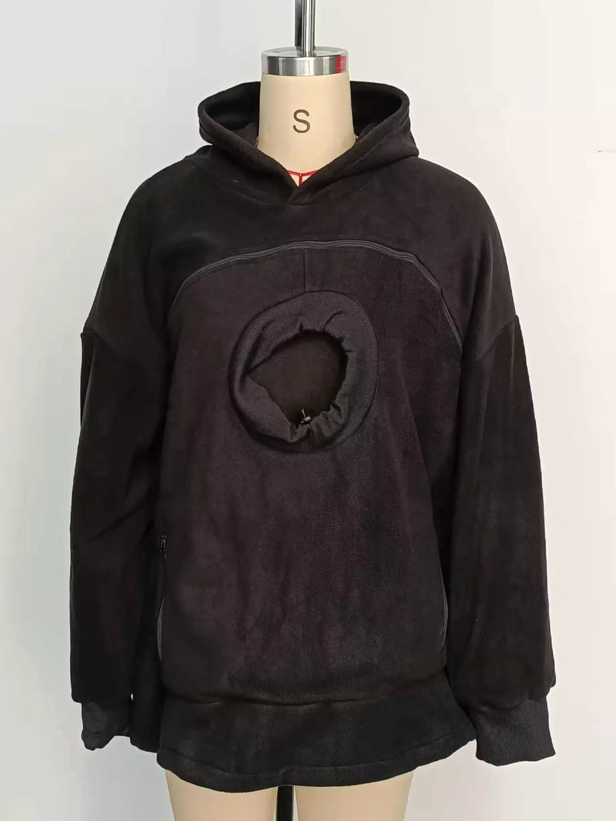 Full Size Fleece Pet-Carrying Hoodie with Cat Pouch Plus Size - Black - View 4