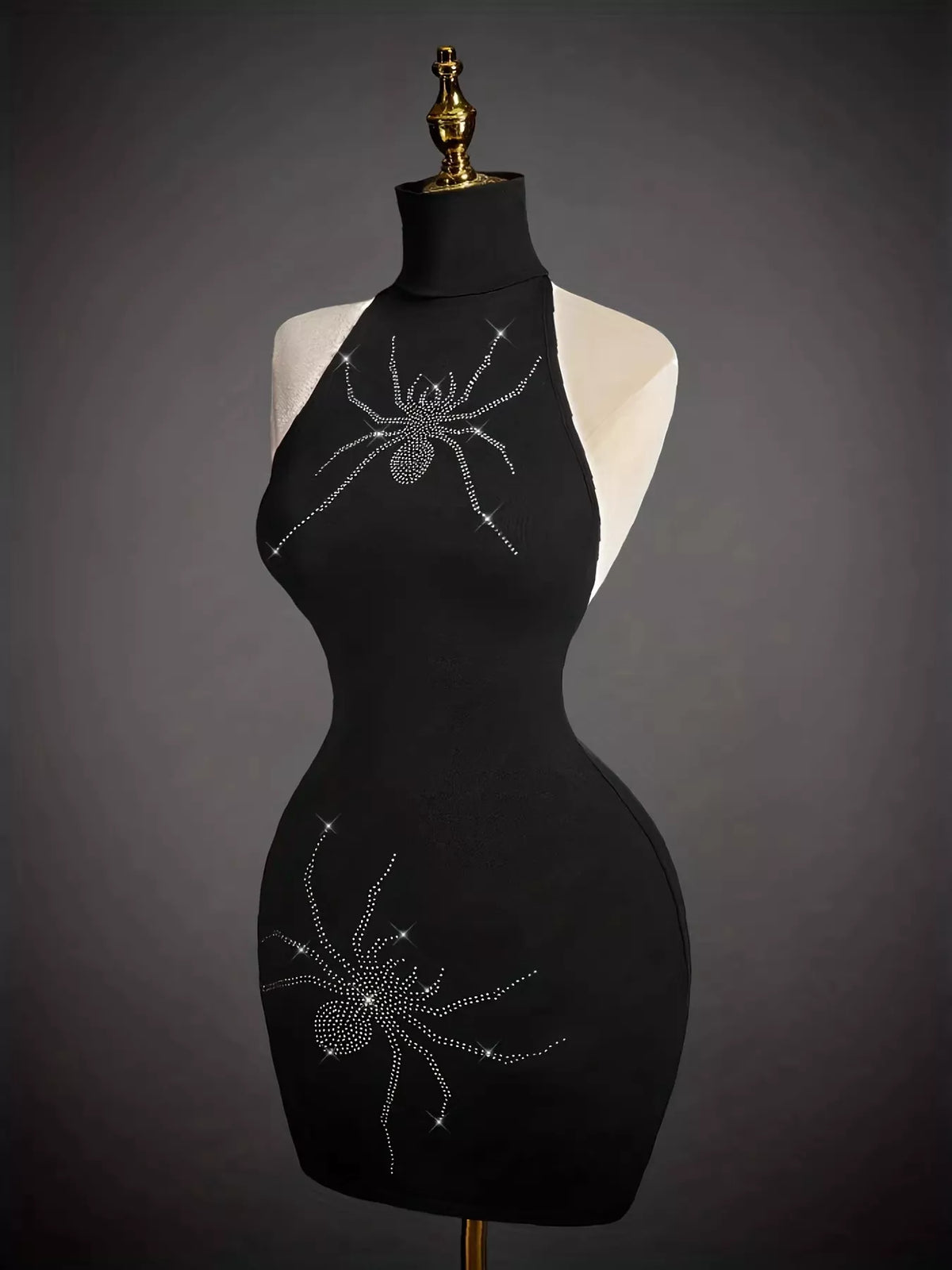 Rhinestone Spider Halter Neck Bodycon Dress - Black - View 2