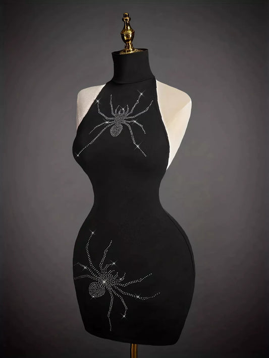 Rhinestone Spider Halter Neck Bodycon Dress - Black - View 2