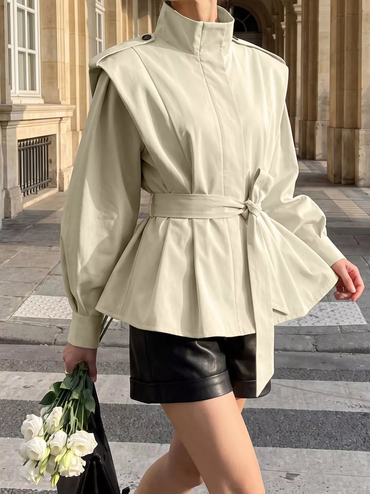 Stand-Collar Belted Outerwear - Beige - View 3