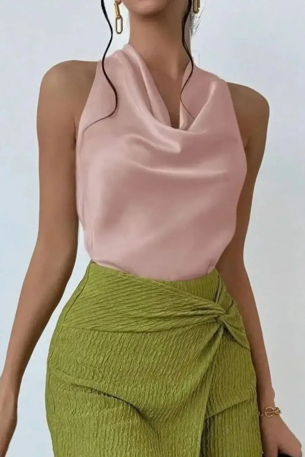 Satin Cowl Neck Sleeveless Blouse - Dusty Pink - View 12