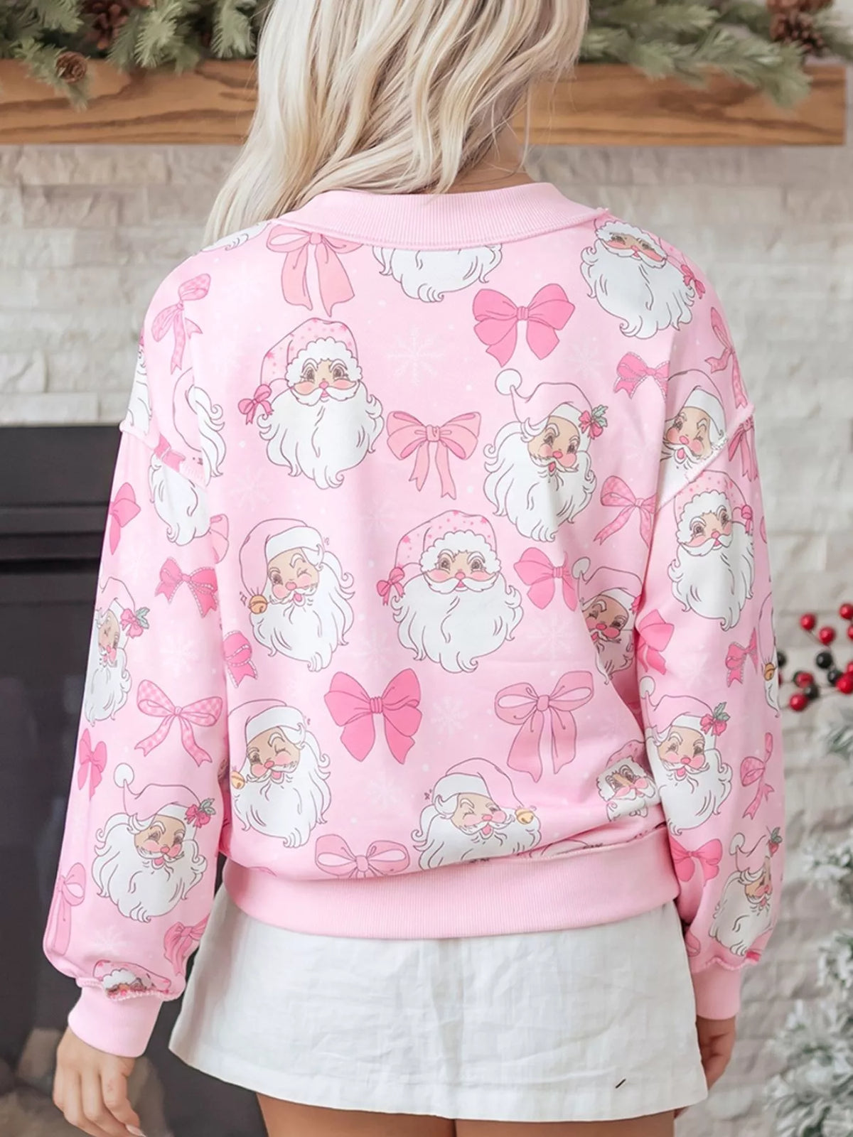 Abstract Santa Print Drop Shoulder High Neck Sweatshirt - Blush Pink - View 2