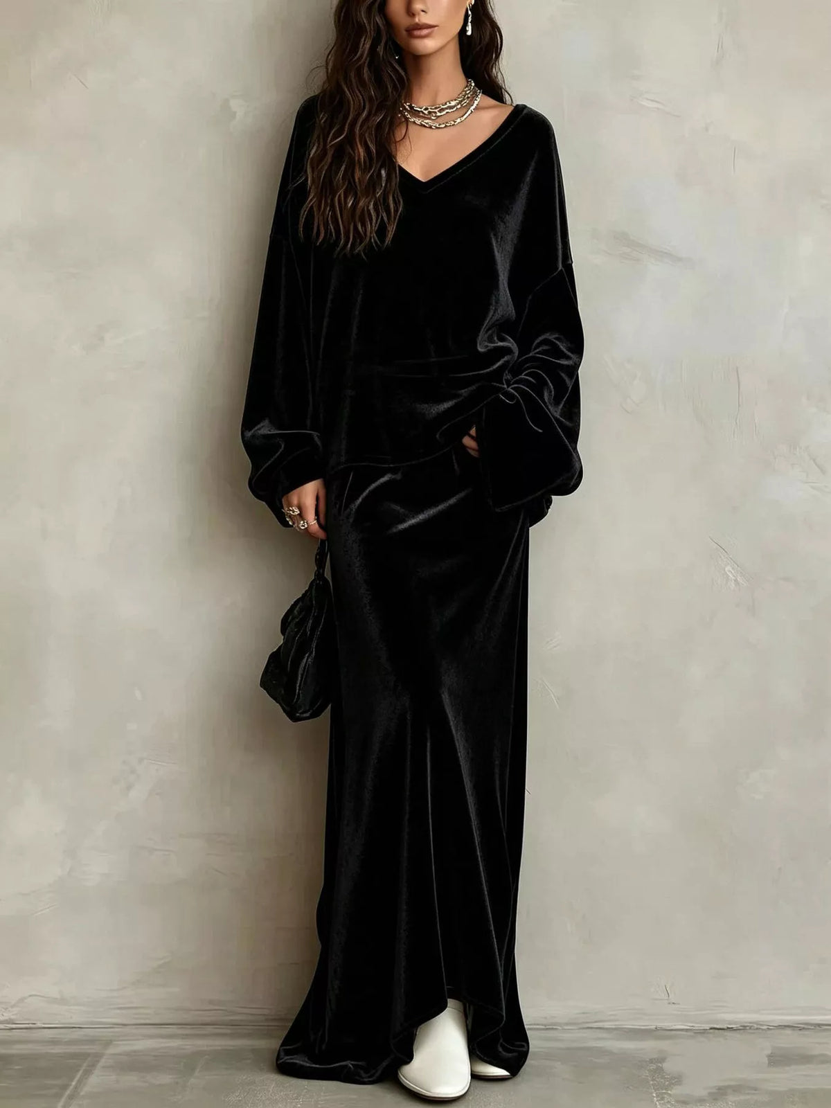 V-Neck Velvet Long Sleeve Top and Maxi Skirt Two-Piece Set - Black - View 1