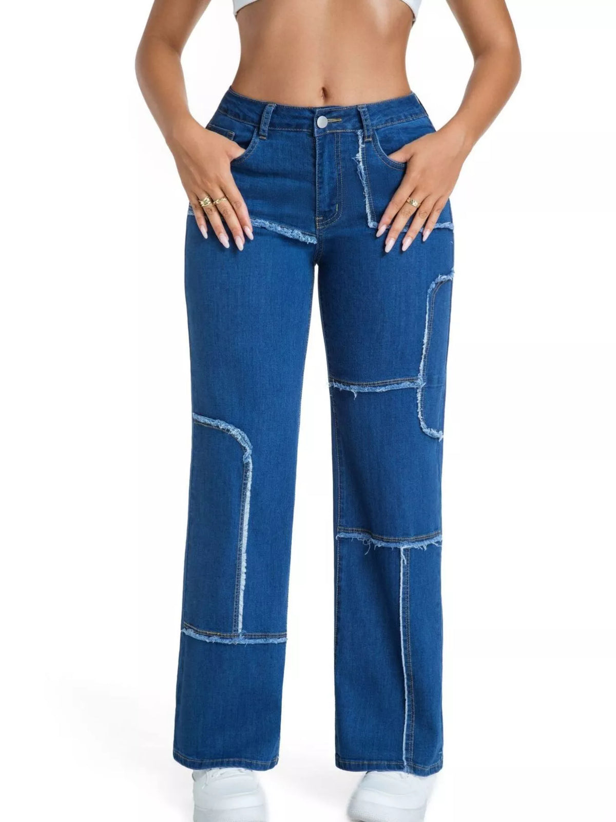 Frayed Edge Straight Leg Jeans - Medium Blue - View 1