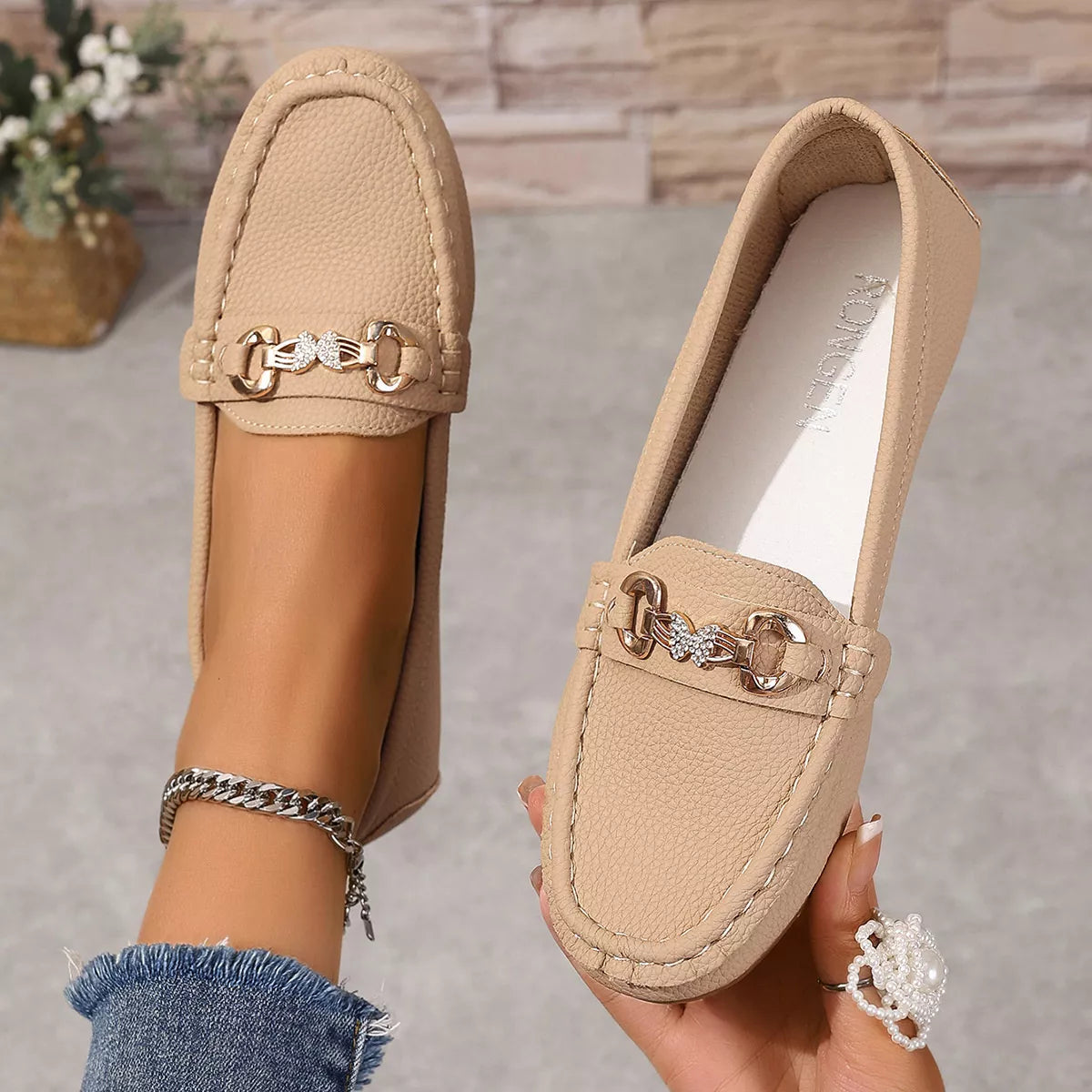 Round Toe Slip-Ons - Khaki Color - View 3