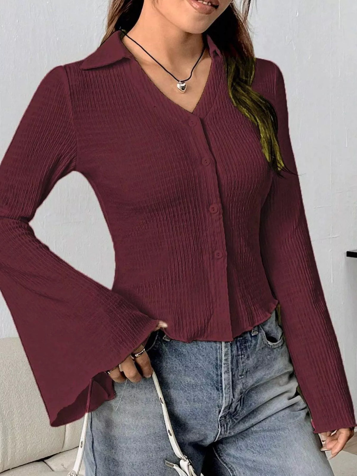 Button Up Flare Sleeve Shirt - Burgundy - View 27