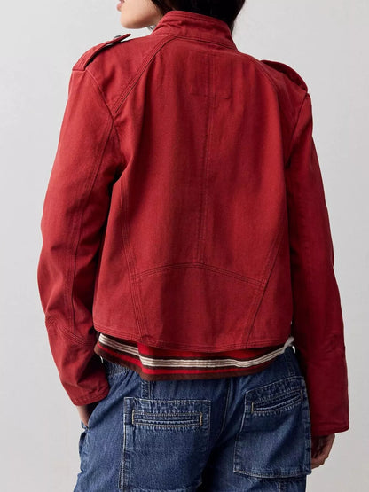 Decorative Button Cropped Jacket - Red - View 3