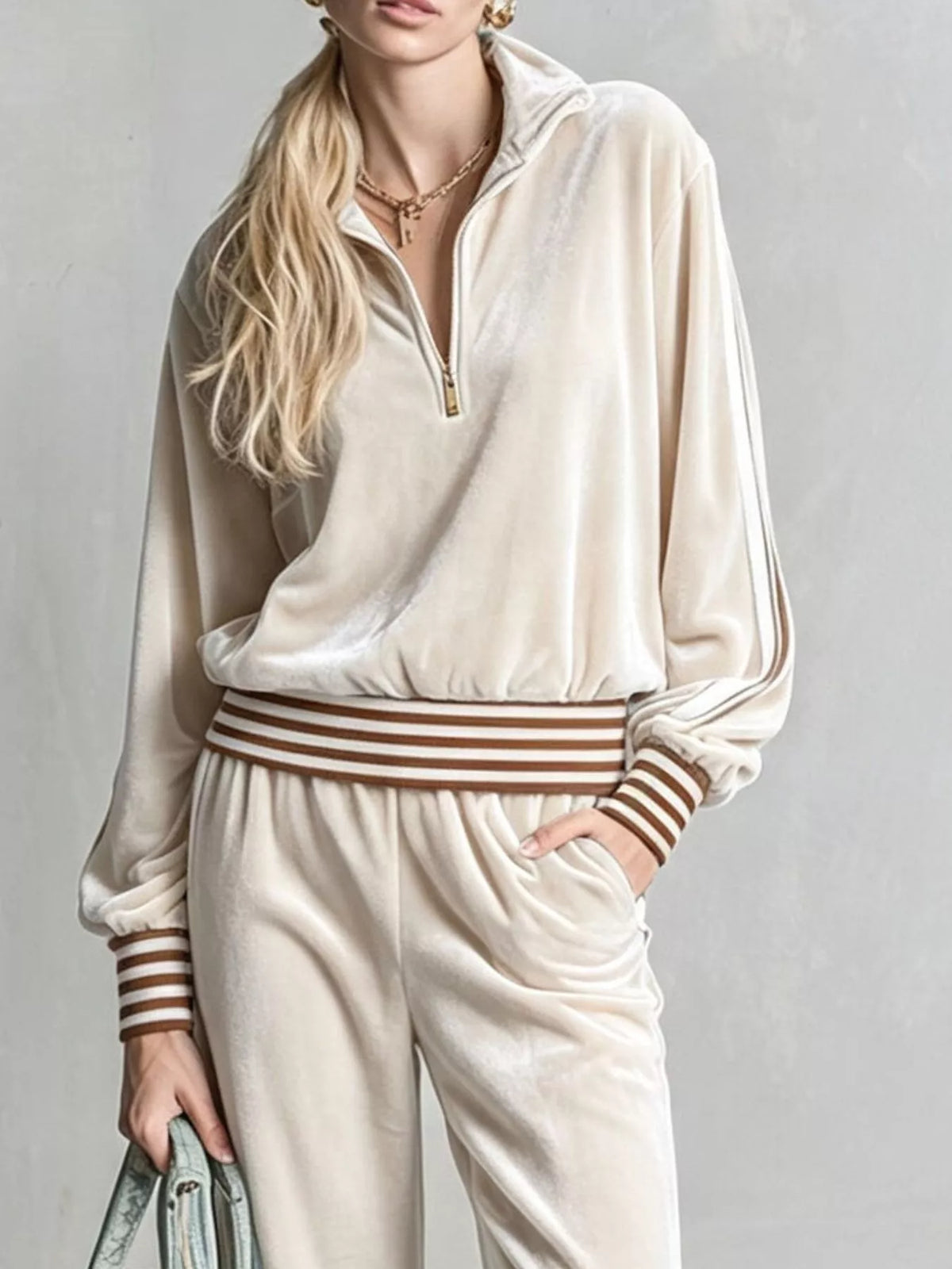 Striped Half Zip Top and Pants Set - Beige - View 2