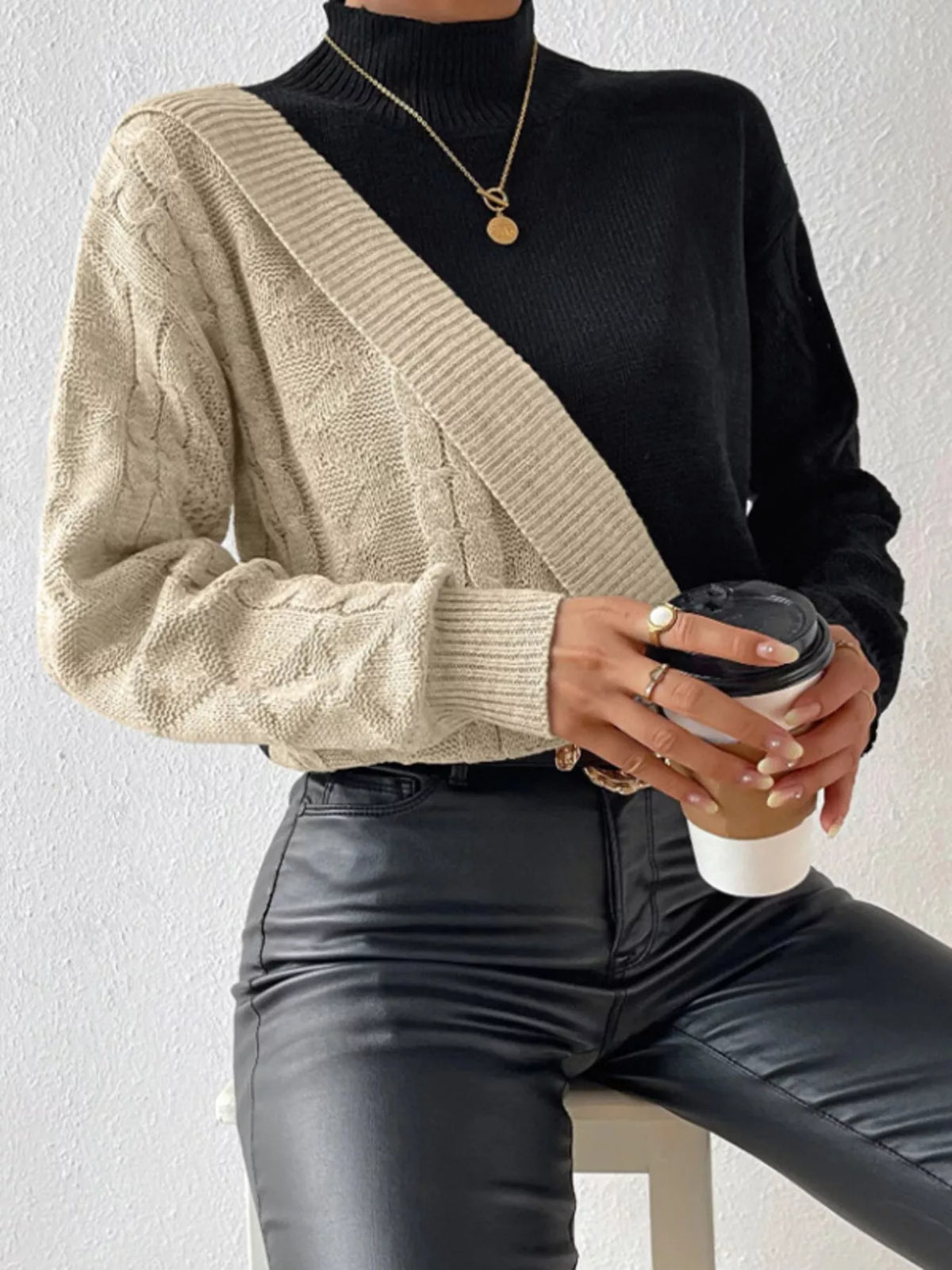 Color Block Cable Knit Mock Neck Sweater - Khaki - View 1