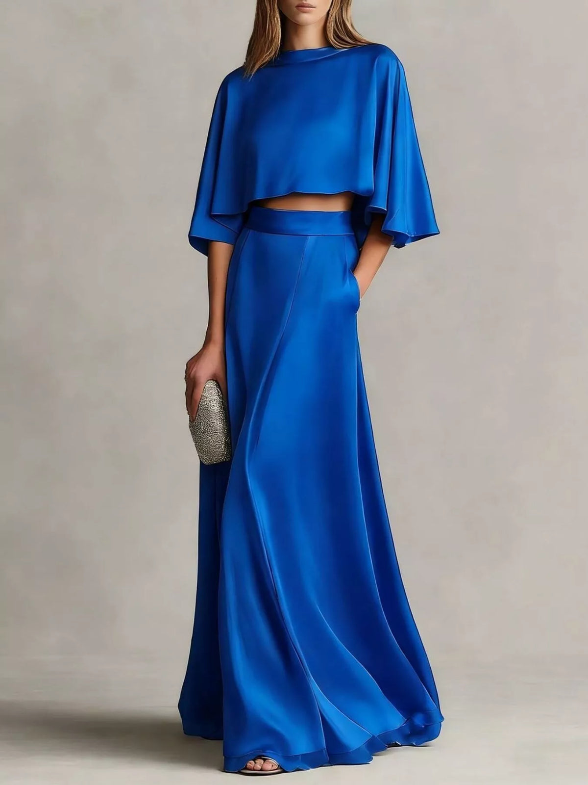 Full Size Satin Crop Top and Maxi Skirt Two-Piece Set Plus Size - Blue - View 1