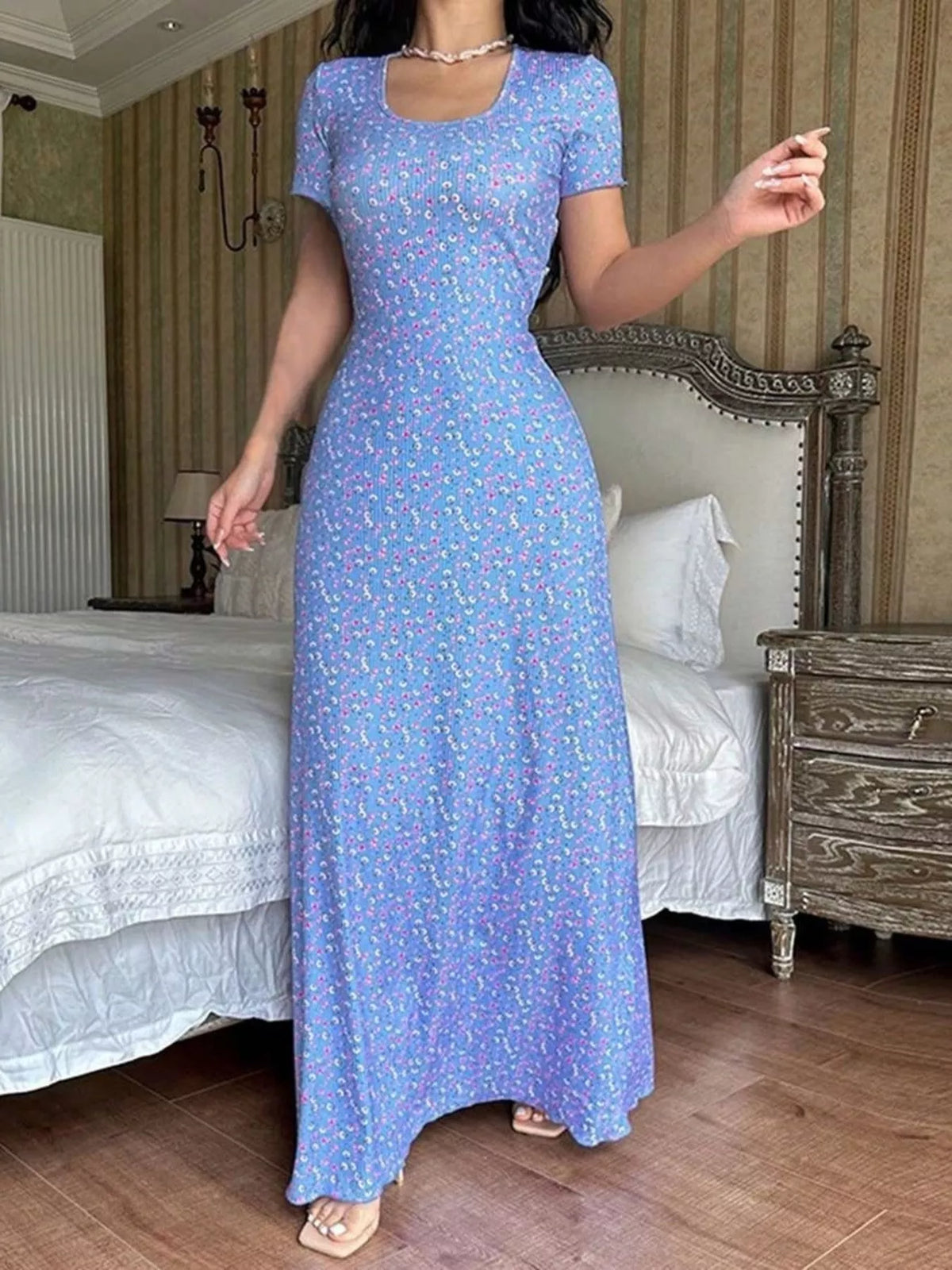 Floral Print Short Sleeve Maxi Dress - Blue - View 1