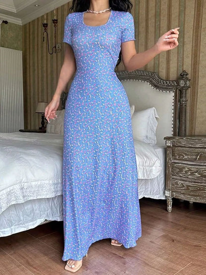 Floral Print Short Sleeve Maxi Dress - Blue - View 1