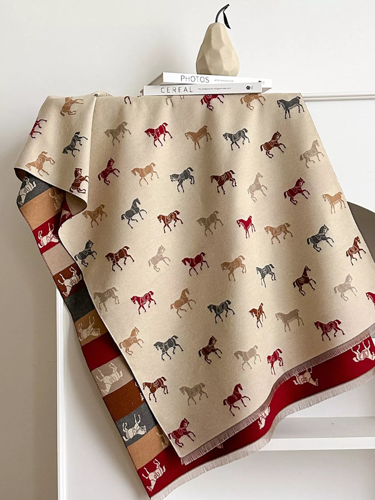 Horse Print Raw Hem Scarf - Beige - View 4