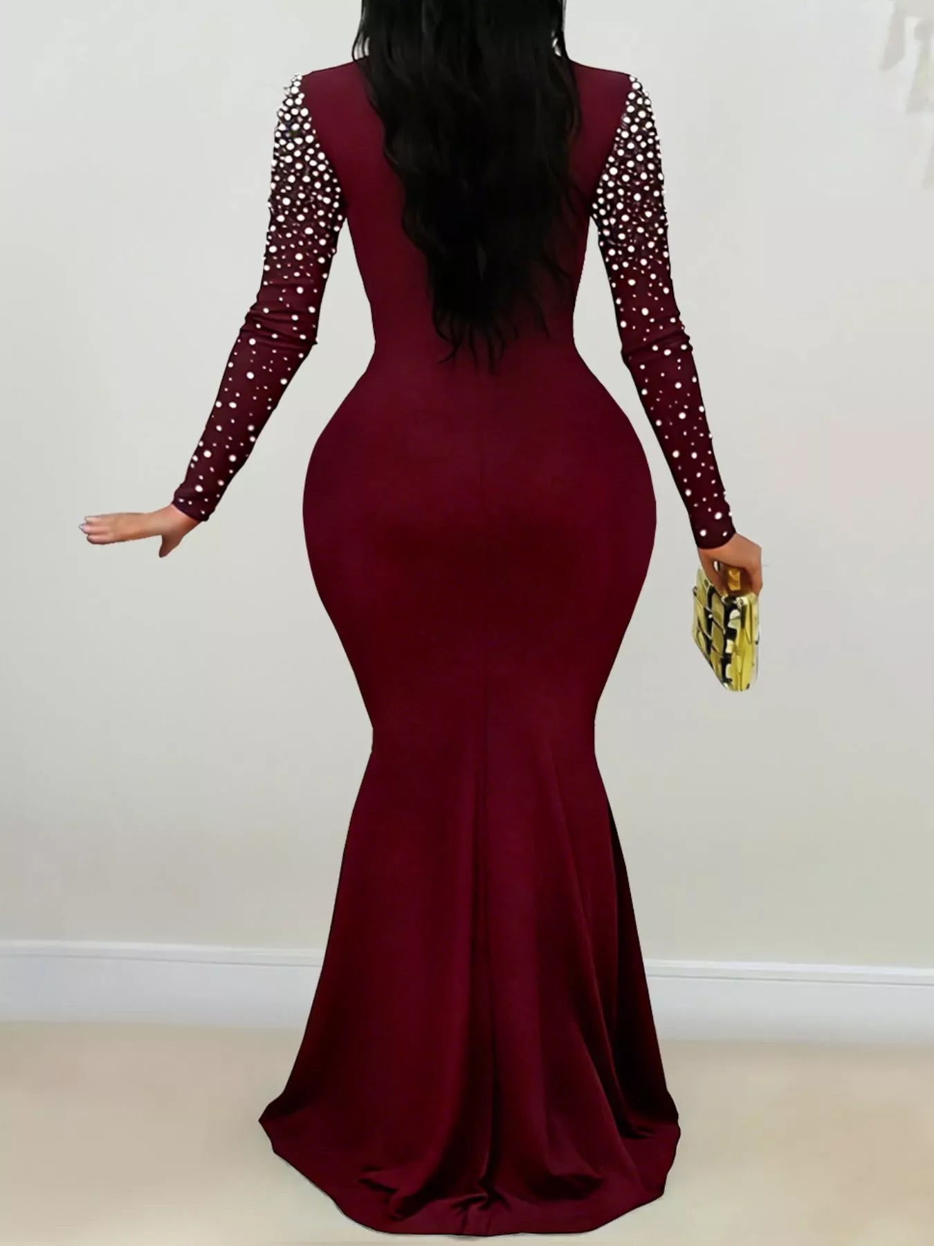 Rhinestone Long Sleeve Mermaid Maxi Dress - Burgundy - Styled Rear View