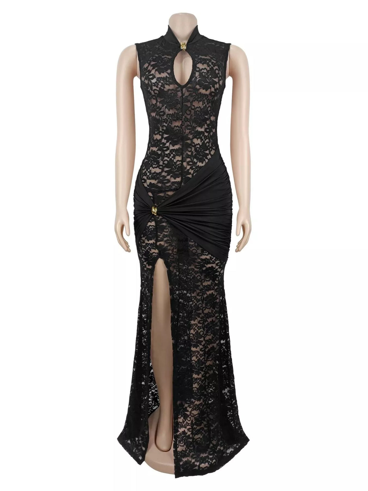Lace Keyhole High-Slit Maxi Dress - Black - View 3