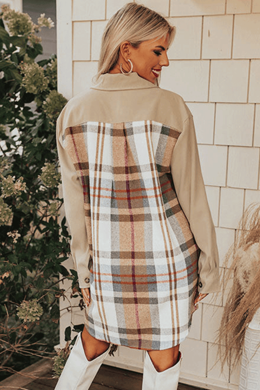 Khaki Plaid Patchwork Long Sleeve Shirt Mini Dress - Khaki - 2