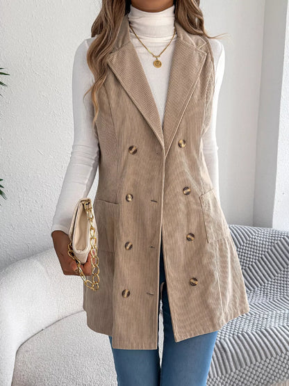 Double-Breasted Long Vest Coat - Khaki - View 1