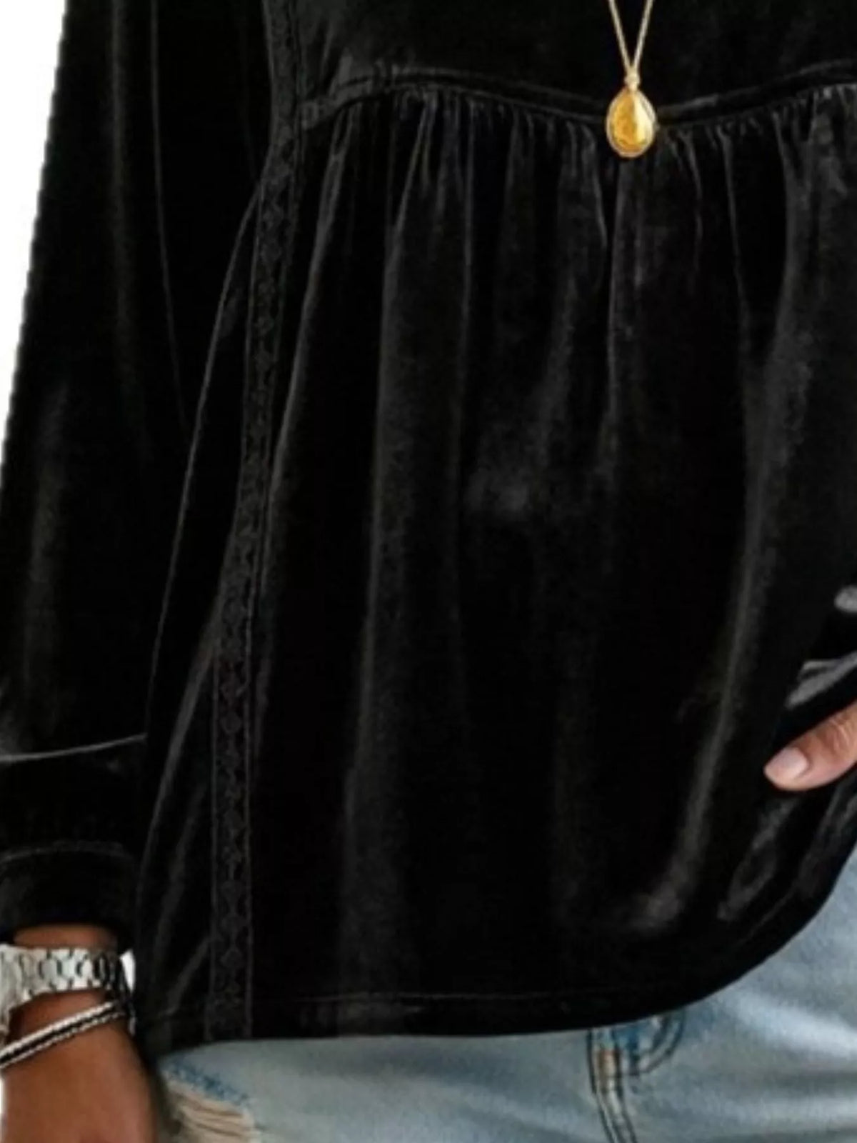 Full Size V-Neck Long Sleeve Velvet Blouse with Lace Trim Plus Size - Black - View 3