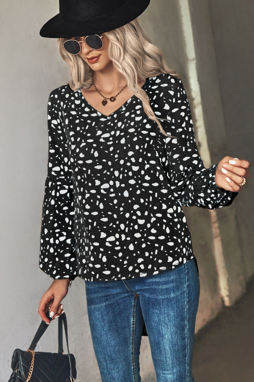Animal Print V-Neck High-Low Blouse - Black - View 6