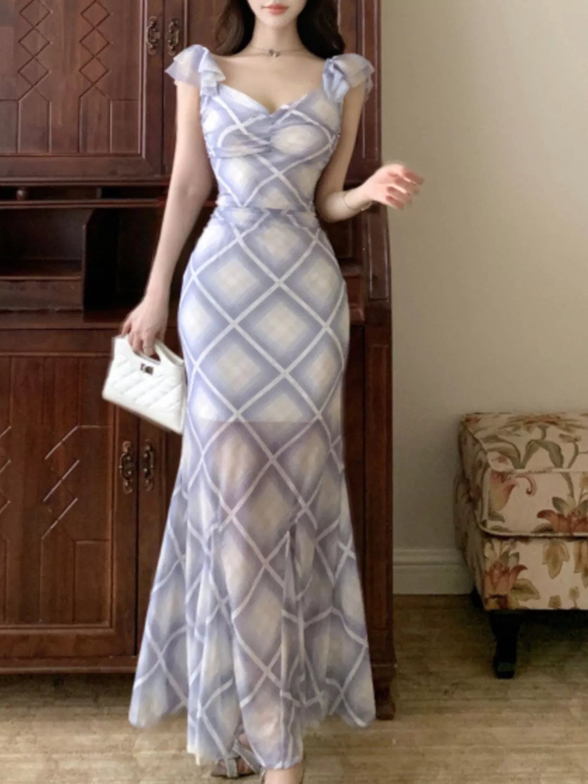 Plaid Ruffle Cap Sleeve Bodycon Maxi Dress - Blue - View 18
