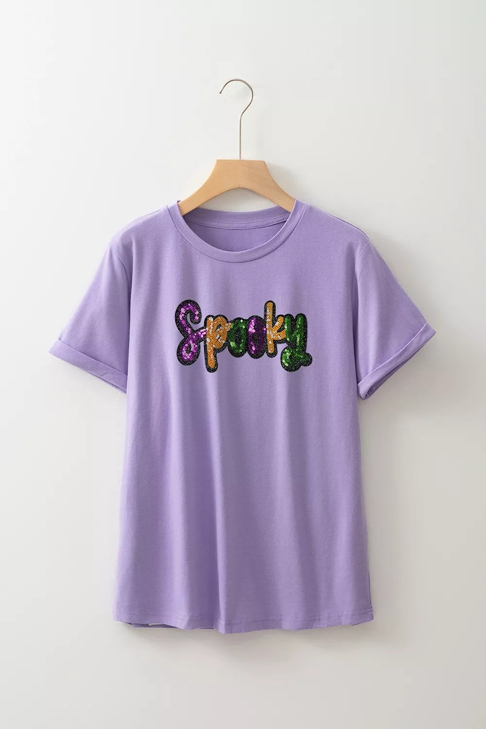 Full Size Spooky Sequin Letter Patched Cotton Blend T Shirt Plus Size - Lavender - View 7